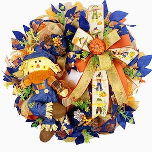 Scarecrow Fall Wreath for Front Door, Farmhouse Autumn Decor, Harvest Blue Ribbon Wreath, Rustic Halloween Thanksgiving Decoration, Pumpkin
