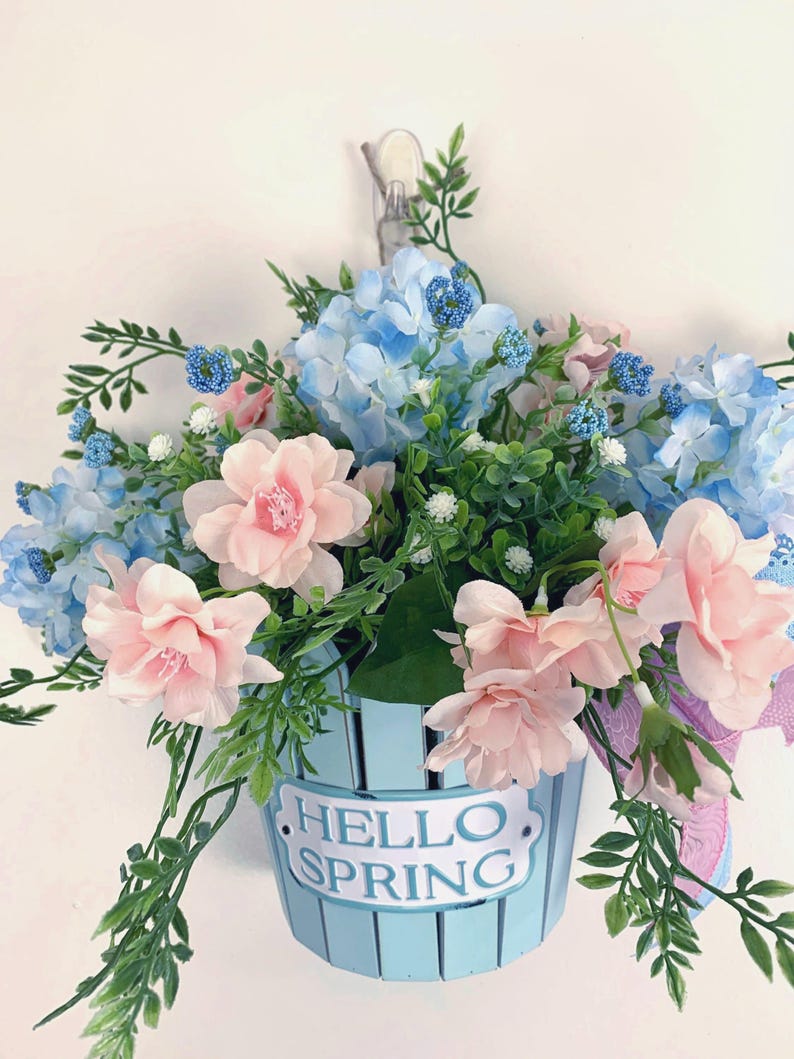 Spring Floral Wall Arrangement, Hello Spring Door Decor, Pink and Blue ...