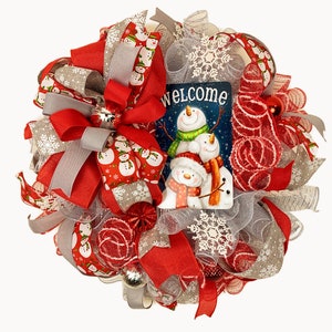 Red and Gray Snowman Wreath for Front Door, Winter Snowman Decoration, Snowman Wreath Swag, Snowman Door Wreath, Christmas Door Decor