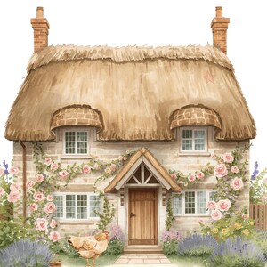 May include: A watercolor illustration titled The Cottage Puzzle Book: The Chickens, featuring a stone cottage with a thatched roof, climbing pink roses, and lavender bushes. Four chickens are positioned in the foreground on a white background.