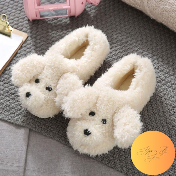 Cute Dog Slippers For Woman | Available In Brown, White & Orange | Teddy Slippers | Plush | Fluffy | Warm | Comfy | Animal Slippers