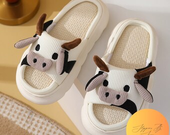 Cute Cow Slip On Slippers | Cartoon Style | Soft Lining | Warm Footwear | Black, White Or Brown | Women's Slippers | Unisex | Slides | Linen