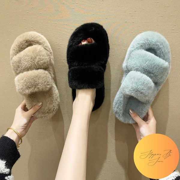 Womans Fluffy Open Toed Slippers | Comfy Plush Slippers | Grey, Black, White Slippers | Winter Slippers | Woman's Footwear