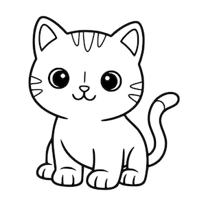May include: A black and white cartoon illustration of a sitting cat. The cat has large, round eyes, a small nose, and a smiling mouth. The cat's ears are pointed, and it has stripes on its head and tail.
