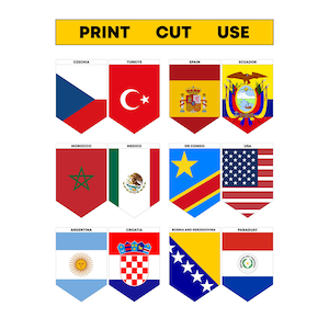 Puede incluir: Una hoja imprimible digital con doce banderines triangulares que representan varios países, incluidos Chequia, Turquía, España, Ecuador, Marruecos, México, RD Congo, EE. UU., Argentina, Croacia, Bosnia y Herzegovina y Paraguay.
