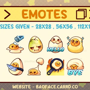 May include: A set of nine cartoon egg emotes with different expressions, including "Hello", "Bye", and a cracked egg with a grumpy face. The emotes are available in three sizes: 28x28, 56x56, and 112x112. The website address is baoface.carrd.co.