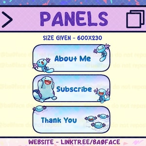 Può includere: Pannelli di sovrapposizione digitali con sfondo viola chiaro e illustrazioni di axolotl. I pannelli includono i pulsanti "About Me", "Subscribe" e "Thank You". La dimensione è 600x230. L'indirizzo del sito web è incluso.