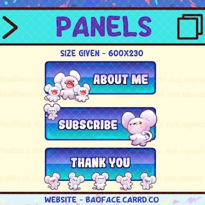 May include: Digital panels with the text "PANELS", "ABOUT ME", "SUBSCRIBE", and "THANK YOU". The panels have a blue and purple gradient background and feature cute mouse illustrations. The website address is also included.