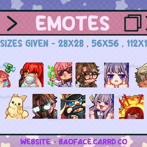 May include: A collection of 10 animated emotes, featuring various characters with different expressions. The emotes are displayed in a grid format with the text "EMOTES" at the top and "3 SIZES GIVEN - 28X28, 56X56, 112X112" below. The text "WEBSITE - BAOFACE.CARRD.CO" is at the bottom of the image.