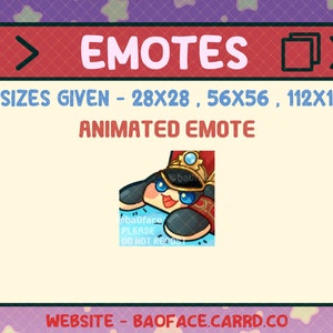 Op de afbeelding: Geanimeerde emote van een cartoonfiguur met een kroon en een blauw oog, die een rood-gouden uniform draagt. De emote is beschikbaar in drie formaten: 28x28, 56x56 en 112x112. De tekst "baoface PLEASE DO NOT REPOST" is zichtbaar in de afbeelding.