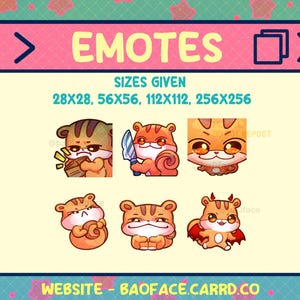 May include: A digital art graphic featuring six cartoon emotes of a squirrel-like character in various poses. The emotes are in shades of orange and brown, with different expressions and props. Text includes "EMOTES" and size dimensions.