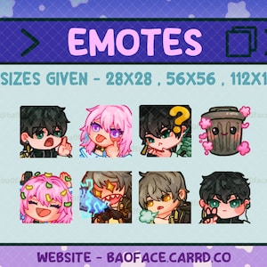 Può includere: Emoticon digitali con personaggi in stile anime con varie espressioni. L'immagine include il testo "EMOTES" e "3 DIMENSIONI FORNITE - 28x28, 56x56, 112x112". È incluso anche un indirizzo web.