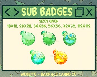 May include: Four cartoon potion bottle badges in different colors, green, blue, and yellow. The badges are available in six sizes: 18x18, 28x28, 36x36, 56x56, 72x72, and 112x112. The text "SUB BADGES" is at the top of the image.