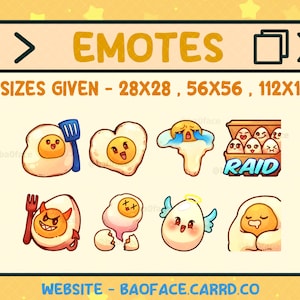 May include: A set of nine cartoon egg emotes with different expressions, including a heart-shaped egg, a crying egg, and an egg with devil horns. The emotes are in three sizes: 28x28, 56x56, and 112x112. The text "EMOTES" is at the top of the image, and the text "RAID" is on one of the emotes. The text "WEBSITE - BAOFACE.CARRD.CO" is at the bottom of the image.
