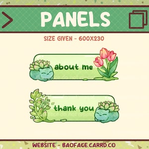 Könnte beinhalten: Zwei grüne und weiße Twitch-Panels mit einer Cartoon-Katze und Sukkulenten. Das erste Panel sagt "über mich" und das zweite Panel sagt "danke".