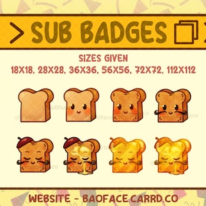 Può includere: Un set di otto badge di sottotitoli a forma di fette di pane di cartone animato di diverse dimensioni, tra cui 18x18, 28x28, 36x36, 56x56, 72x72 e 112x112. I badge presentano carine fette di pane di cartone animato con diverse espressioni, tra cui sorridenti, che fanno l'occhiolino e che indossano un berretto. I badge sono perfetti per aggiungere un tocco di fantasia ai tuoi social media o al tuo sito web.