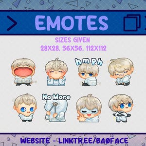 Puede incluir: Ilustración digital con ocho emoticonos de dibujos animados de un personaje con cabello claro y ojos azules, cada uno expresando diferentes emociones. Los emoticonos visten una sudadera con capucha blanca. El texto incluye "EMOTES", "SIZES GIVEN" y una dirección web.