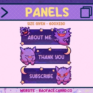 Peut inclure: Panneaux d'art numérique violets avec des personnages de fantômes de dessins animés et du texte. Les panneaux indiquent "ABOUT ME", "THANK YOU" et "SUBSCRIBE". Une adresse de site web est en bas. La taille est de 600x230.