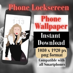 Puede incluir: Una pantalla de bloqueo de tel&eacute;fono con una mujer y un gato. La pantalla del tel&eacute;fono muestra la hora 1:13 y la fecha s&aacute;bado 29 de abril. El texto "Phone Wallpaper" est&aacute; en rojo y negro. El texto "Instant Download" est&aacute; en negro. El texto "1080 x 1920 px png format" est&aacute; en beige. El texto "Compatible con todos los Smartphones" est&aacute; en negro.