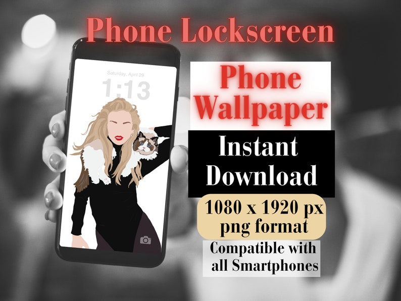 Puede incluir: Una pantalla de bloqueo de tel&eacute;fono con una mujer y un gato. La pantalla del tel&eacute;fono muestra la hora 1:13 y la fecha s&aacute;bado 29 de abril. El texto "Phone Wallpaper" est&aacute; en rojo y negro. El texto "Instant Download" est&aacute; en negro. El texto "1080 x 1920 px png format" est&aacute; en beige. El texto "Compatible con todos los Smartphones" est&aacute; en negro.