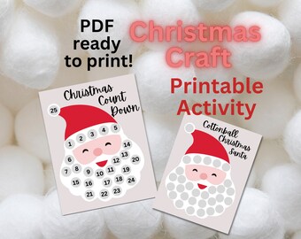 Christmas Craft Countdown to Christmas Glue Cotton Balls on Santa's Beard Xmas Party Activity Printable Advent Calendar Instant Download