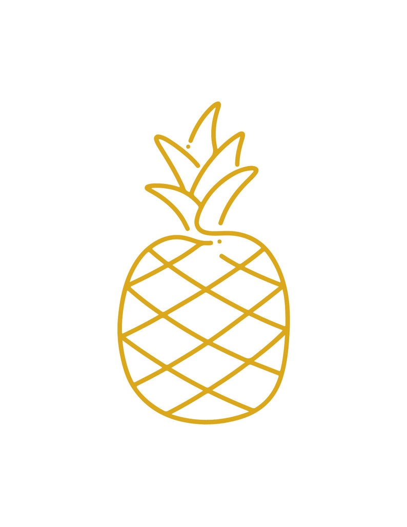 May include: A golden yellow line art illustration of a pineapple on a white background. The pineapple has a diamond pattern on the body and spiky leaves on top. The design is simple and modern.