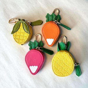 Fruit & Veggie AirTag Holder:PU Leather AirPod Keeper,Corn,Pineapple,Carrot Coin Purse,Pink Radish Keychain,Vegetable Bag Charm,Backpack