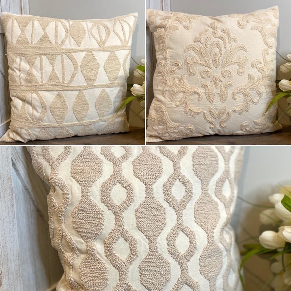 20"x20" Embroidered Linen Pillow Covers,3 Patterns,Throw Pillow,Bed Couch Accent Covers,Sofa Seat Cover,Decorative Cover Case,Cream Tan