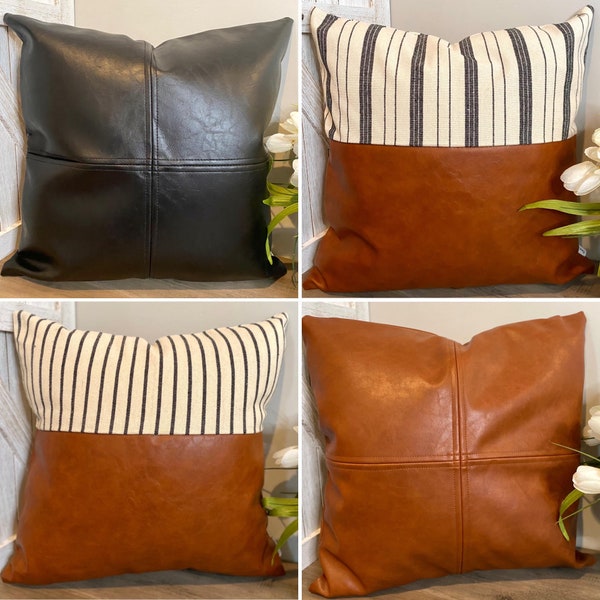 Faux Leather Pillow Covers,4 Styles,Pleather,Throw Pillow,Bed Couch Accent Covers,Sofa Seat Cover,Decorative Lumbar Case,Black,Brown,Stripes