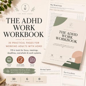 Puede incluir: El ADHD Work Workbook de Tiny Wins Studio es un cuaderno de 30 páginas para adultos trabajadores. Incluye herramientas para enfoque, reuniones y plazos, diseñado para imprimir en casa o completar en pantalla en formatos A4 y US Letter.