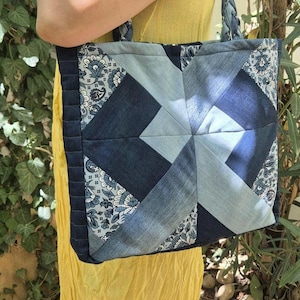 Denim and cotton patchwork tote bag