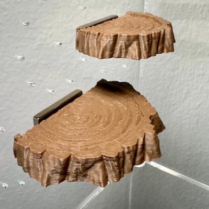 May include: Two brown, tree-stump-shaped shelves with a wood grain pattern. Each shelf has a rectangular, dark-colored magnetic strip attached to the back. The shelves are displayed against a light gray background.