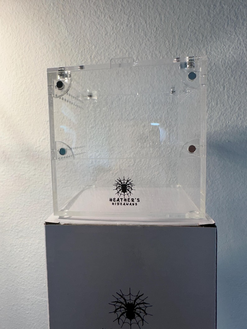 May include: A clear acrylic display case with a hinged lid, sitting on a grey box. The case has a black spider web logo with the text "HEATHER'S HIDEAWAYS". The box also features the same logo. Ideal for displaying collectibles.