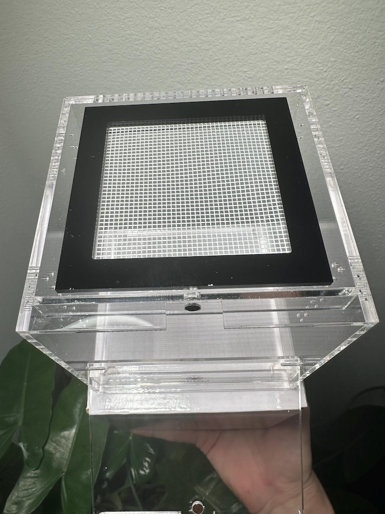May include: A clear acrylic terrarium with a black framed mesh top. The terrarium has a rectangular shape and is designed to house small animals or insects. The design includes a hinged lid and a clear front panel for viewing.