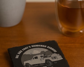 Tremors Movie Val and Earl’s Handyman Service Slate Coaster – Perfection, Nevada Design (4 pack)