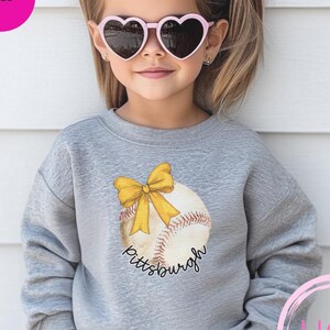 Kids Pittsburgh baseball, Kids Pirate Sweatshirt, Pirate Baseball sweatshirt, Girly Coquette baseball, Gold bow shirt, Kids baseball