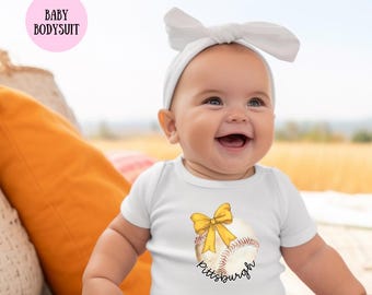 Yellow Bow Baseball Pittsburgh Bodysuit | Baby Sports Shirt | Pitt Baseball