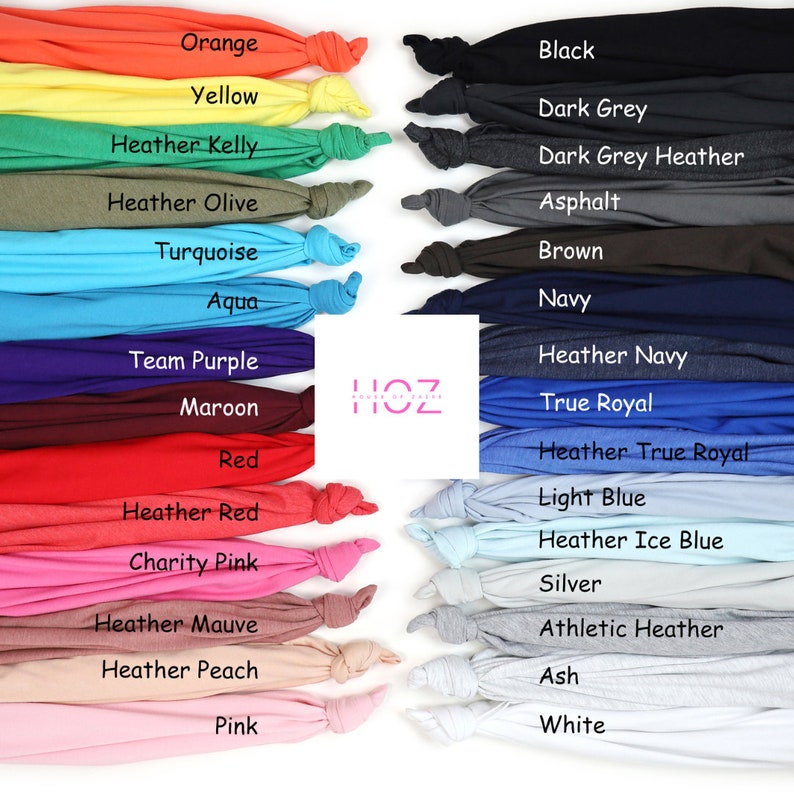 May include: A colour chart of 24 different t-shirt colours, including orange, yellow, turquoise, maroon, red, pink, black, dark grey, brown, navy, light blue, silver, white, and more.