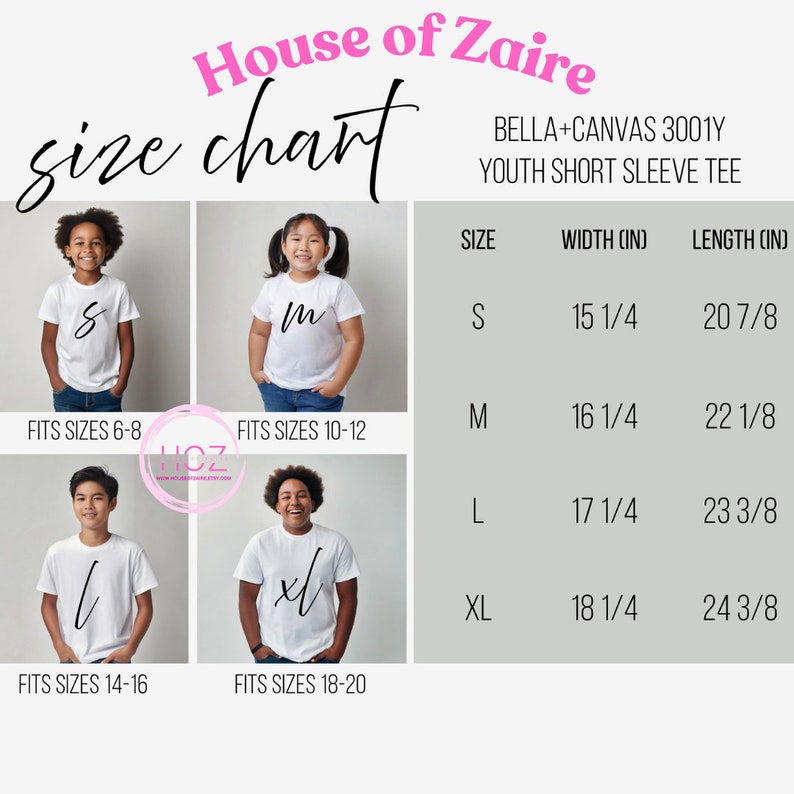 May include: Size chart for Bella + Canvas 3001Y youth short sleeve tee. The chart shows the size, width in inches, and length in inches for sizes S, M, L, and XL. The chart also shows a model wearing each size.