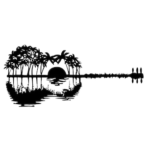 Gitaar zonsondergang bomen reflectie strand thema SVG digitale download muziek vakantie reizen