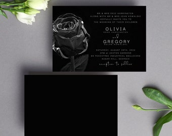 Elegant Black and White Wedding Invitation Set with White Roses, Classy and Sleek Wedding Invite, Black Tie Celebration, Editable Template