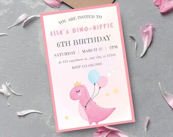 Pink Dinosaur Birthday Invitation Template, Girl Birthday Invite, 4x6 Dinosaur Theme Birthday Card, Digital Download