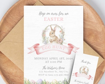 Invitación a la búsqueda de huevos de Pascua con conejo y etiqueta de agradecimiento (plantilla editable, descarga digital)