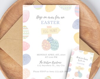 Invitación a la búsqueda de huevos de Pascua con conejo y etiqueta de agradecimiento (plantilla editable, descarga digital)