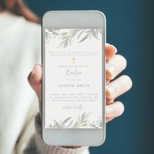 Invitation au baptême floral pour bébé garçon, ensemble d’invitations au baptême bleu et vert, suite d’invitation au baptême de verdure, papeterie de baptême modifiable