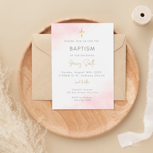 Invitación de bautismo rosa, invitación de bautizo de niña, plantilla editable, bautismo de niña, descarga digital, tarjeta de bautismo personalizable