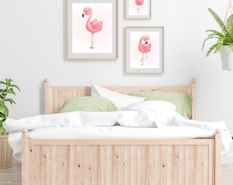 Arte mural de flamencos, decoración de pared para habitación infantil, impresiones rosas, impresiones para dormitorio de niña, juego de 3, impresiones digitales, descarga instantánea