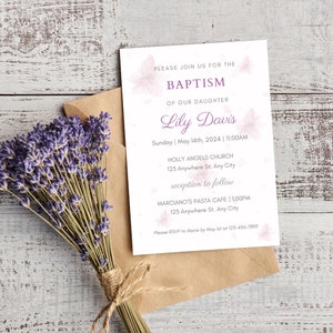 Invito di battesimo floreale viola, pacchetto di battesimo floreale, download digitale, modello di battesimo modificabile per bambina, carta di annuncio di battesimo