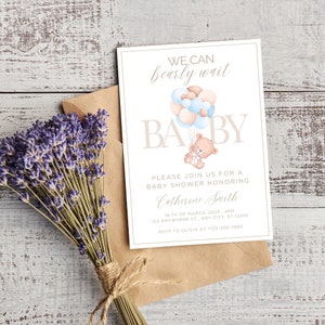 Bear and Balloons Baby Shower Invitation Set, Gender Neutral Baby Shower Invite, We Can Bearly Wait, Digital Download, Editable Template