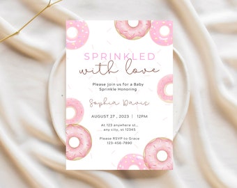 Pink Donut Baby Sprinkle Invitation, Donuts Girl Baby Sprinkle Invite, Printable Editable Template, Instant Download, PDF, JPG, or PNG